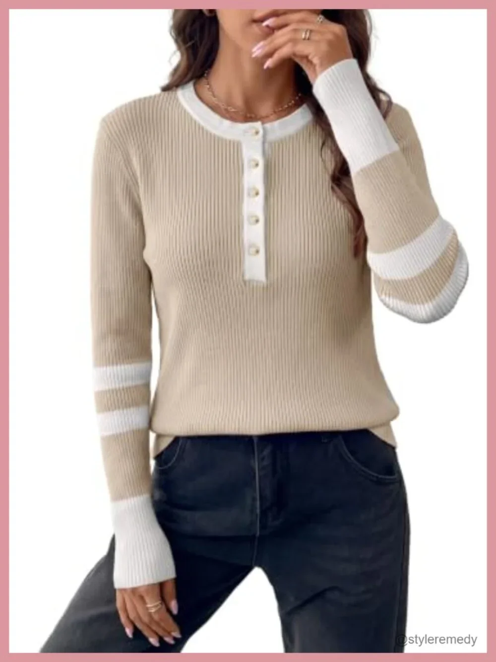 Women's V-Neck Knit Pullover Sweater Button Color-Block Slim Fit
